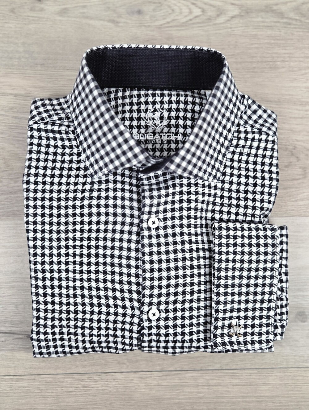 Bugatchi Uomo French Cuff Shirt Mens 17.5 34/35 Gingham Check Black And White